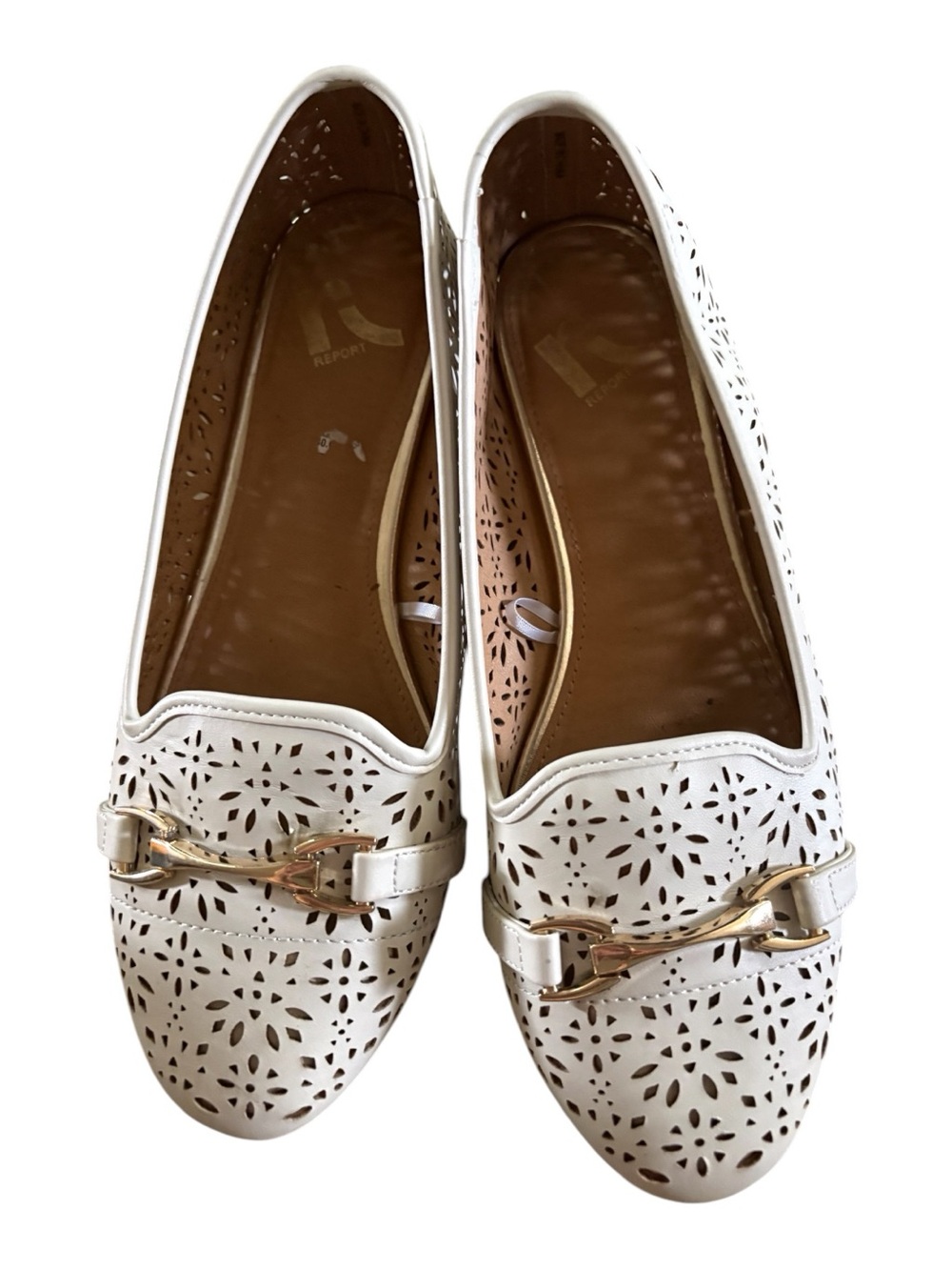 Report Cream Perforated Leather Loafers with Gold Hardware